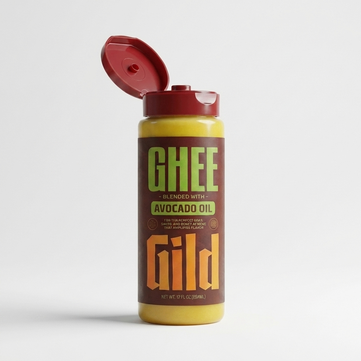 GILD Ghee squeeze bottle with the flip-top cap open