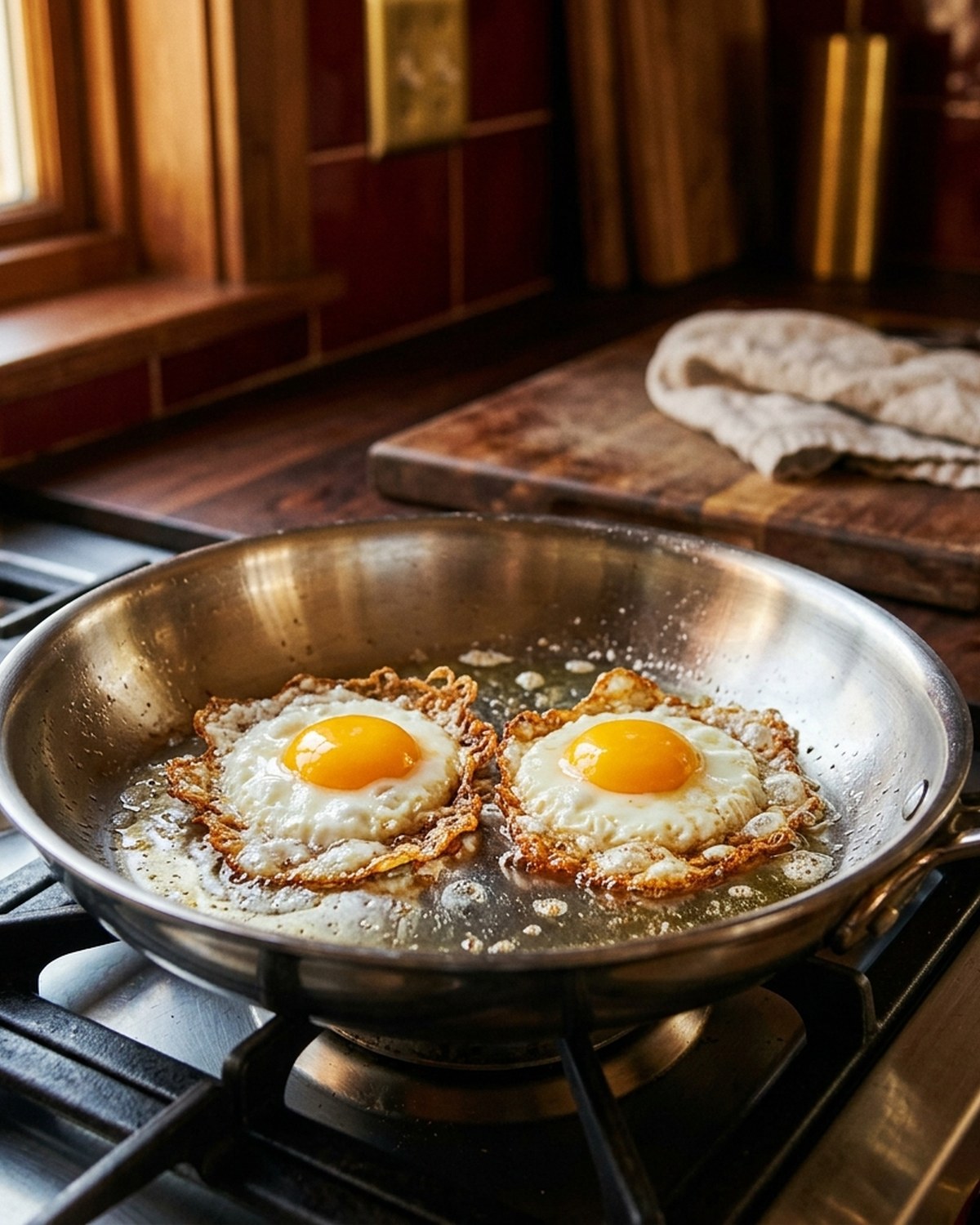 Two eggs frying to crisp lacy edges in a stainless skillet