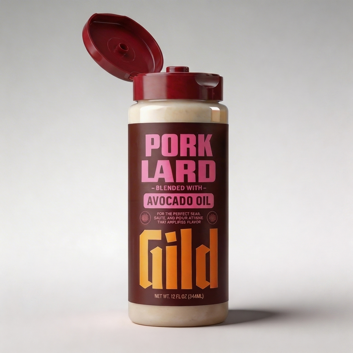 GILD Pork Lard squeeze bottle with the flip-top cap open