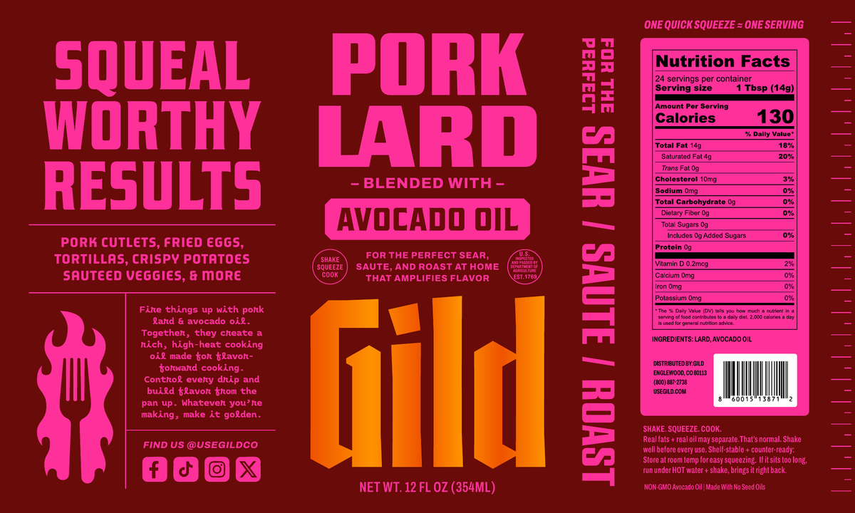 GILD Pork Lard label — front of the 12 fl oz squeeze bottle
