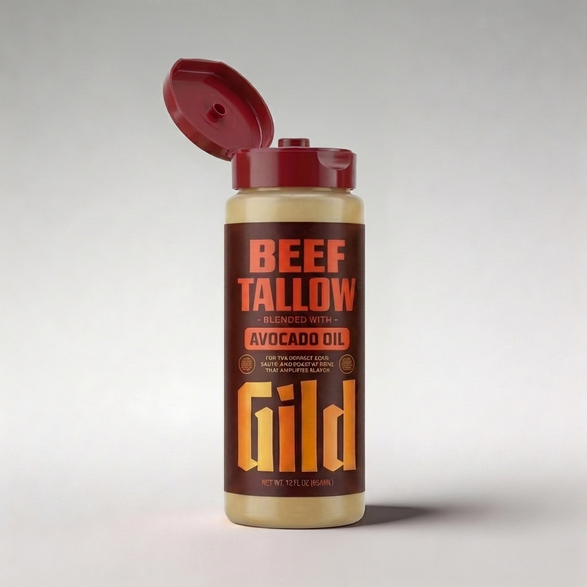 GILD Beef Tallow squeeze bottle with the flip-top cap open