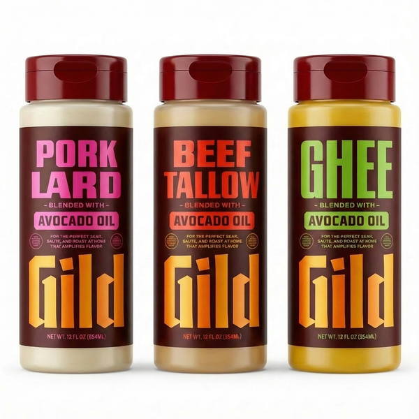 The GILD Trio — Beef Tallow, Pork Lard, and Ghee squeeze bottles