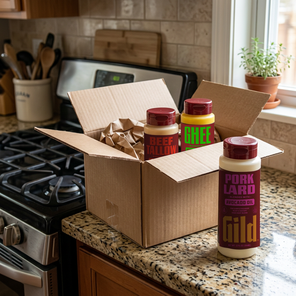 GILD Counter Box open on the kitchen counter, bottles going in next to the stove