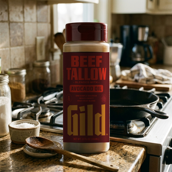 GILD squeeze bottle on the counter beside the stove