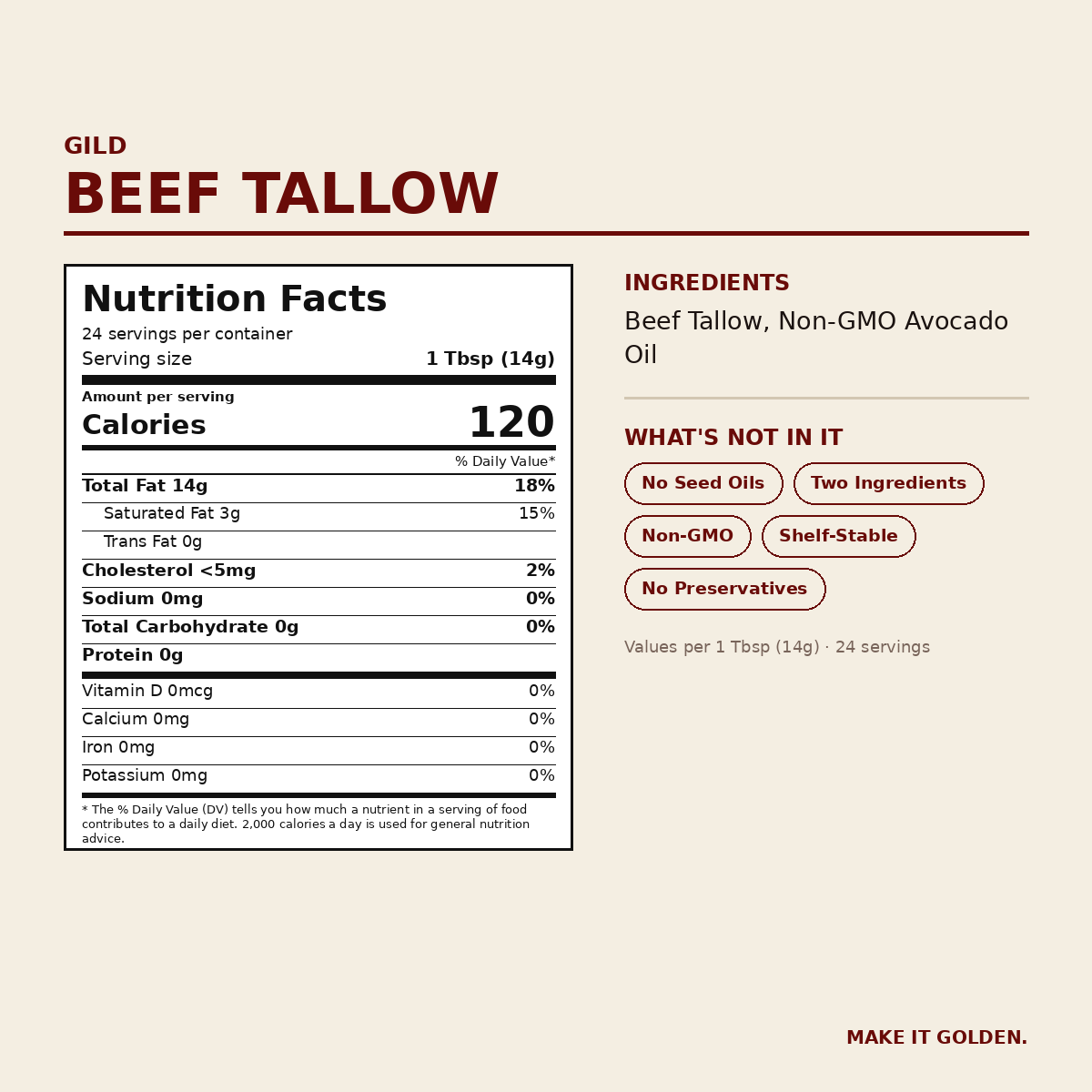 GILD Beef Tallow Nutrition Facts and ingredients label
