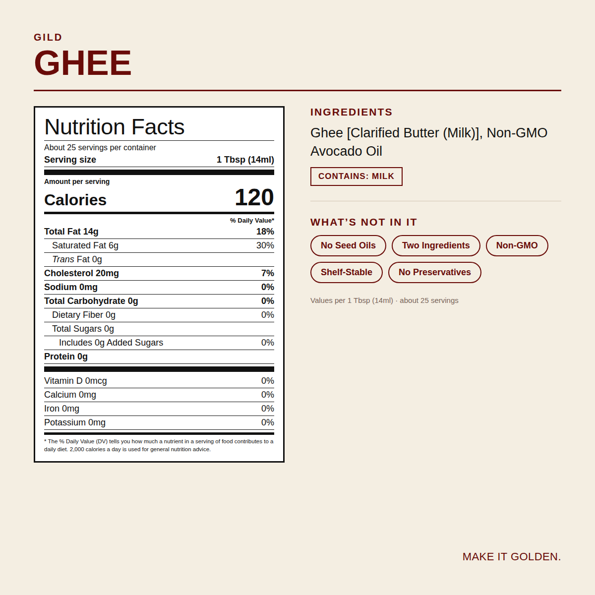 GILD Ghee Nutrition Facts and ingredients label, declares milk
