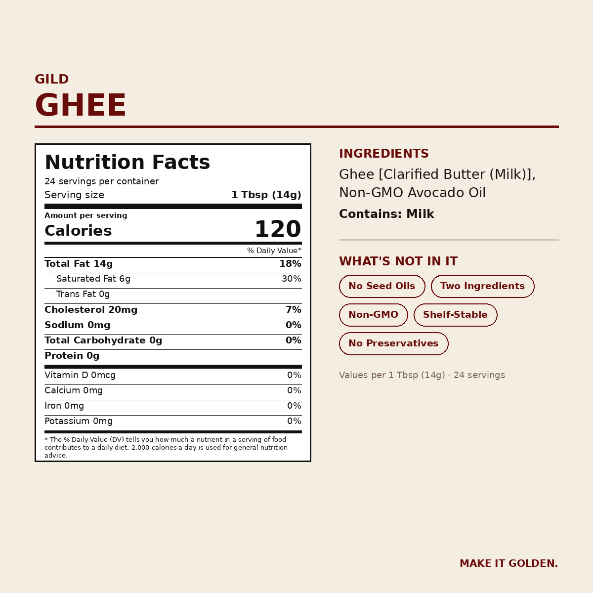 GILD Ghee Nutrition Facts and ingredients label