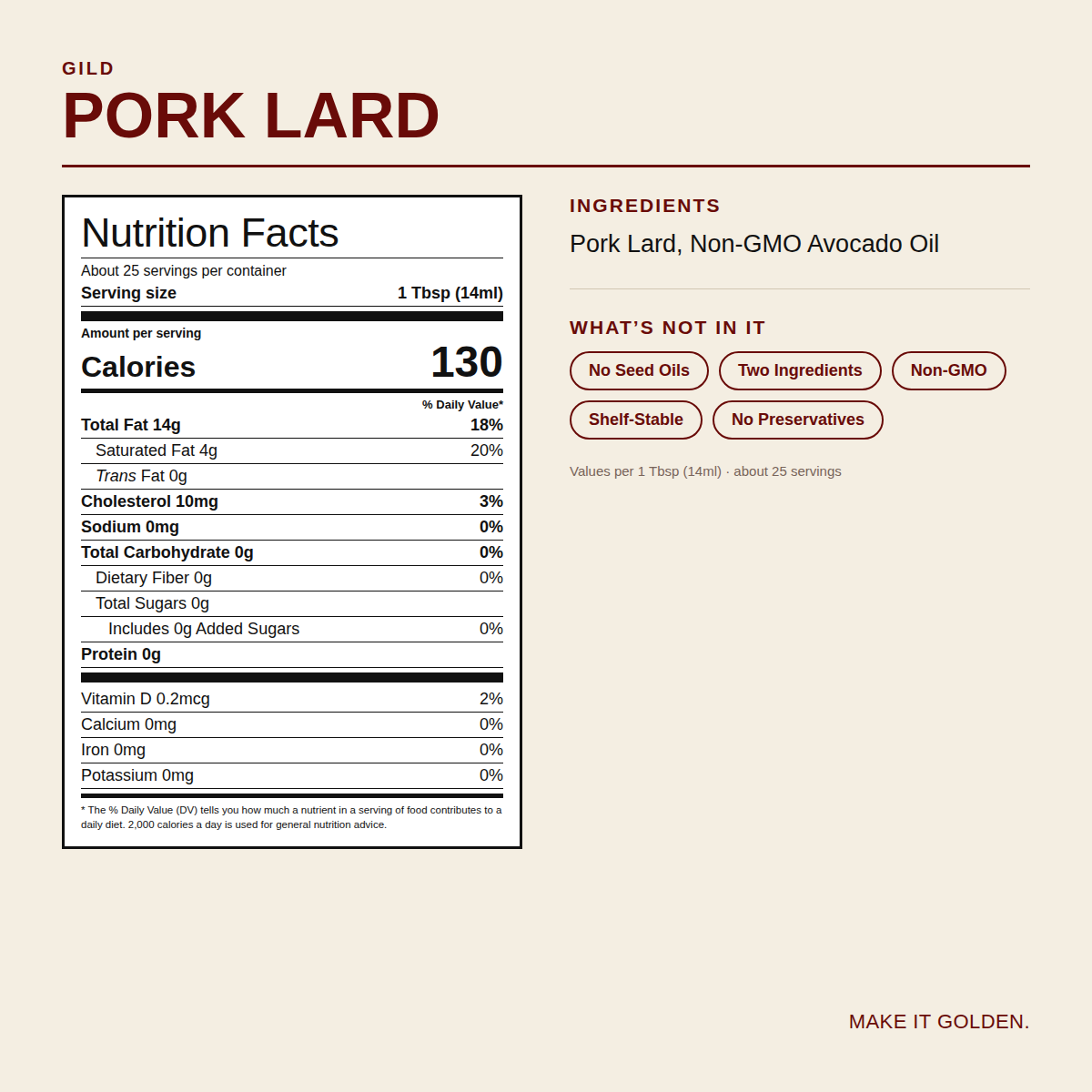 GILD Pork Lard Nutrition Facts and ingredients label