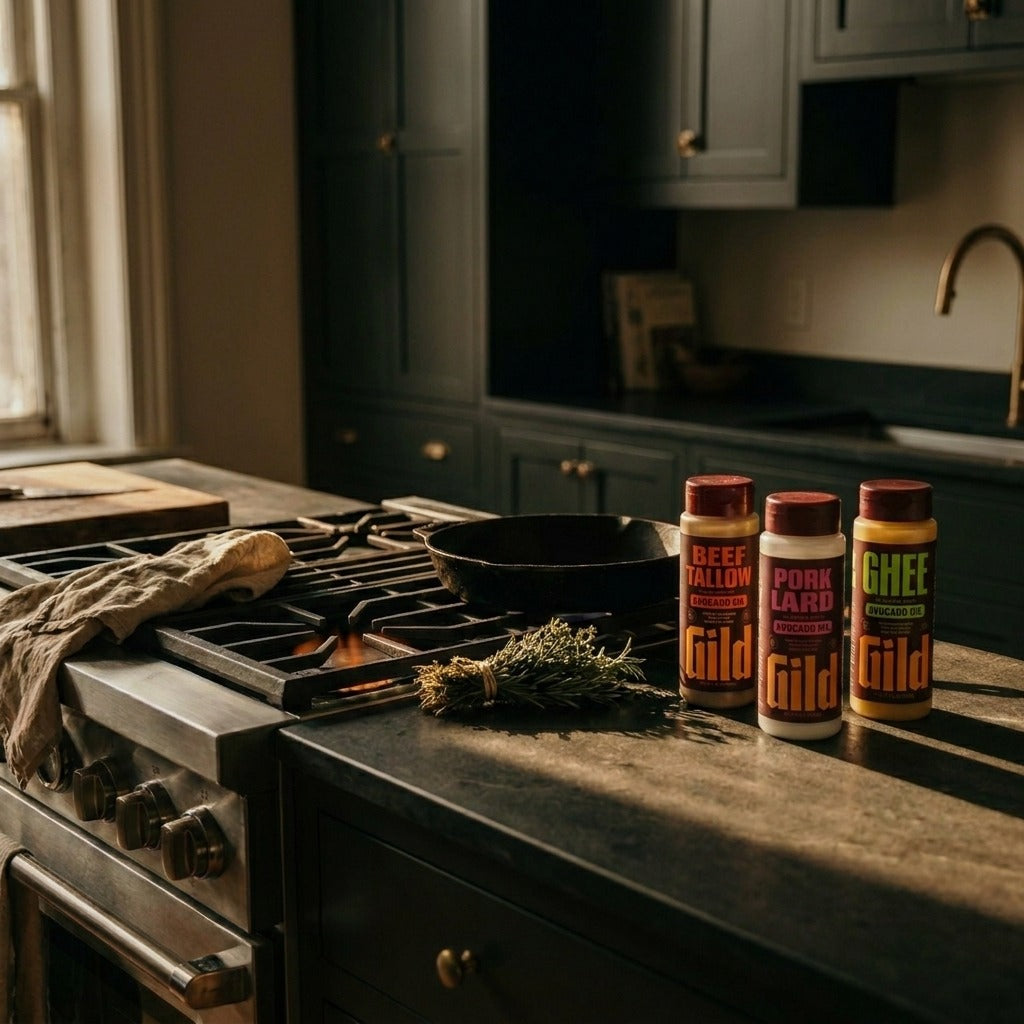 All three GILD bottles on the counter beside the range