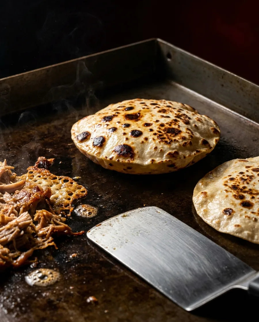 Flour tortillas blistering on a flat-top, carnitas crisping in lard