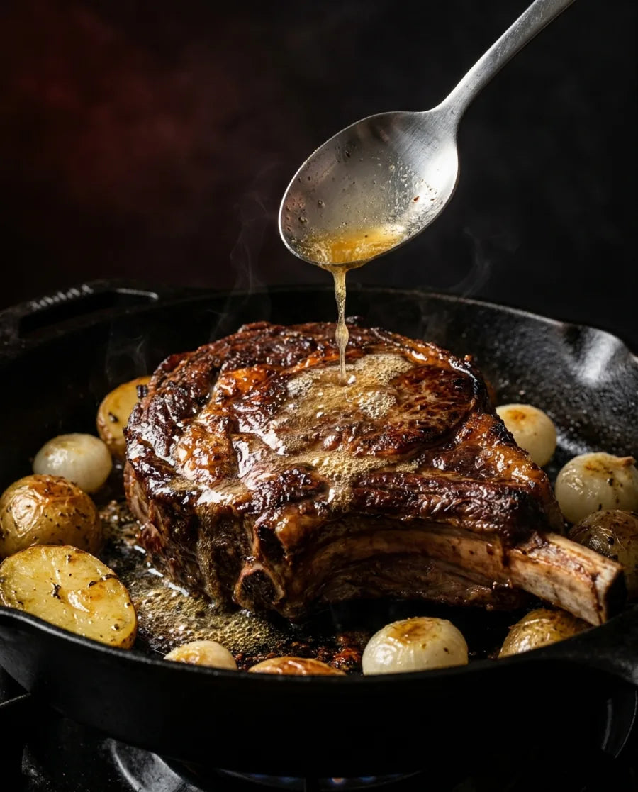 Sunday roast basted with golden fat in a cast-iron skillet