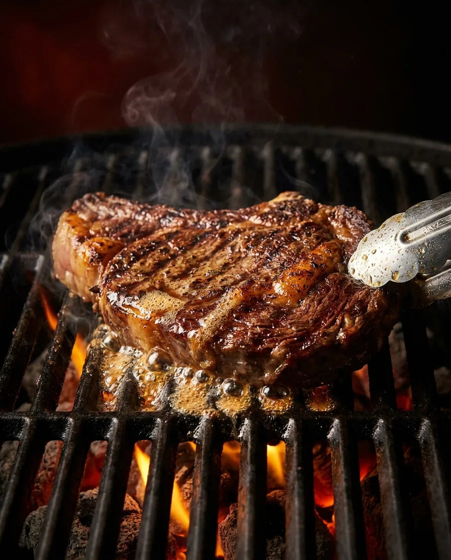 Ribeye mid-sear over open flame, fat glistening on the crust