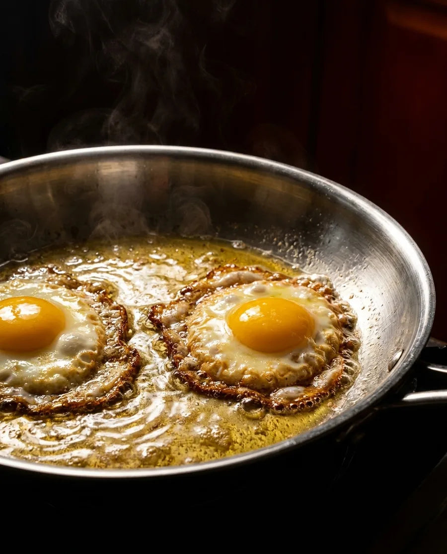Two eggs frying in golden ghee, lacy browned edges