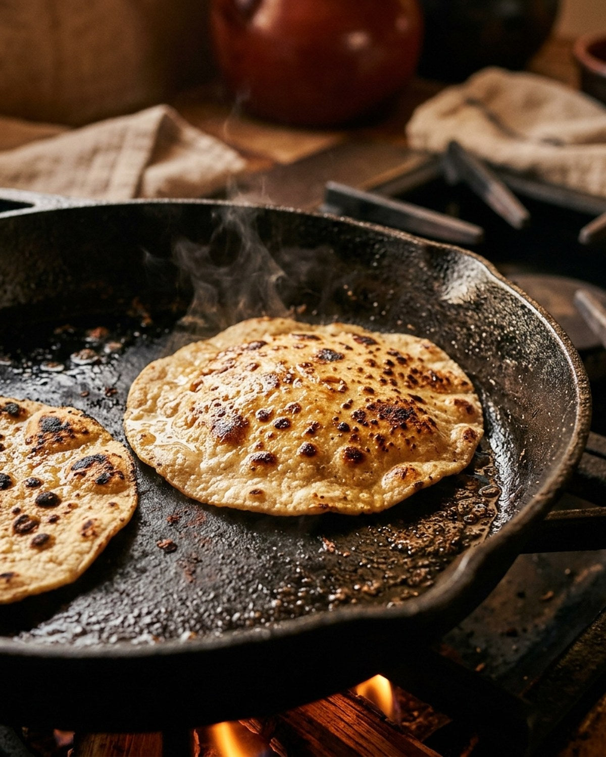 Flour tortillas puffing and blistering in a hot cast-iron pan