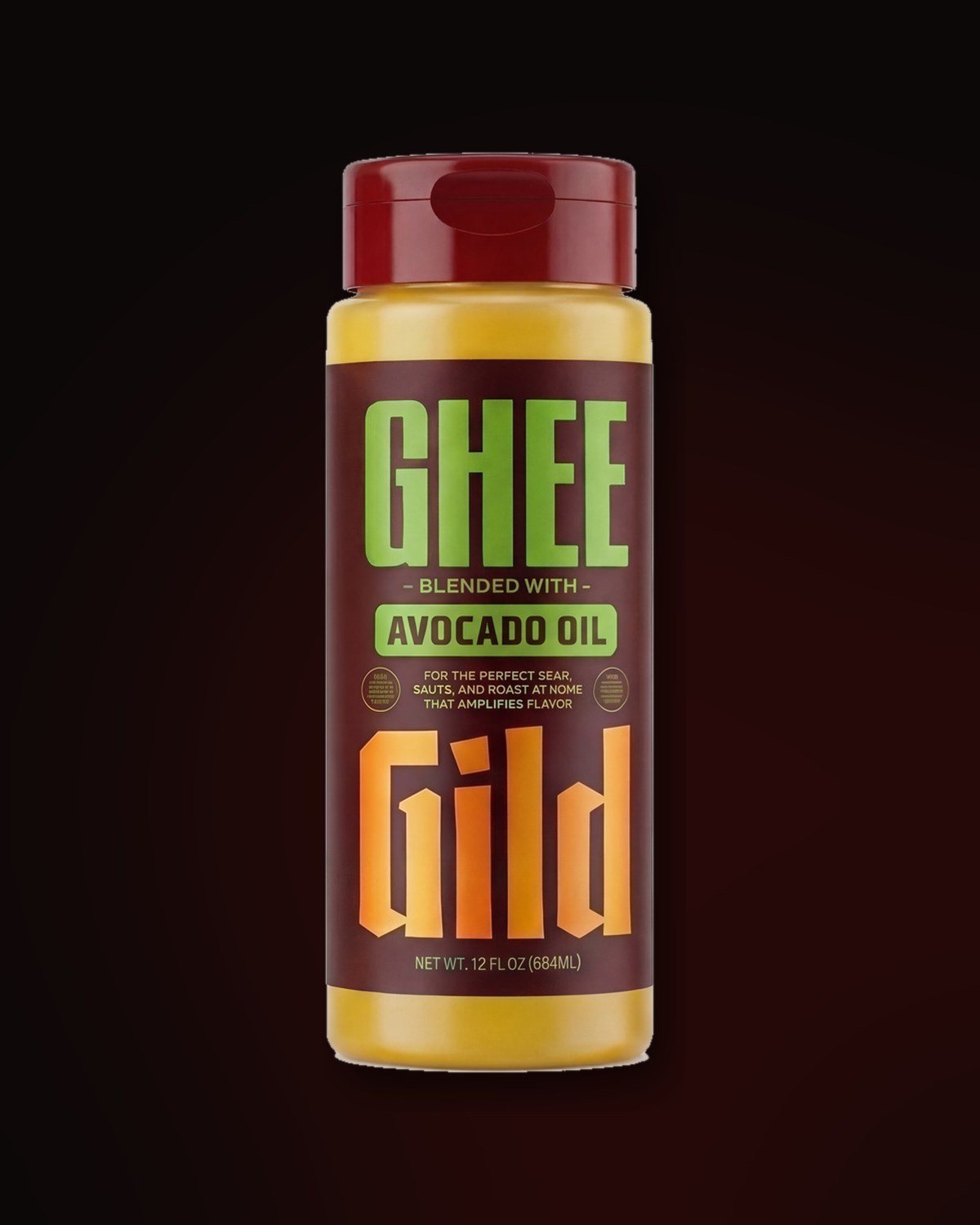 GILD Ghee bottle mid-shake, motion marks on either side