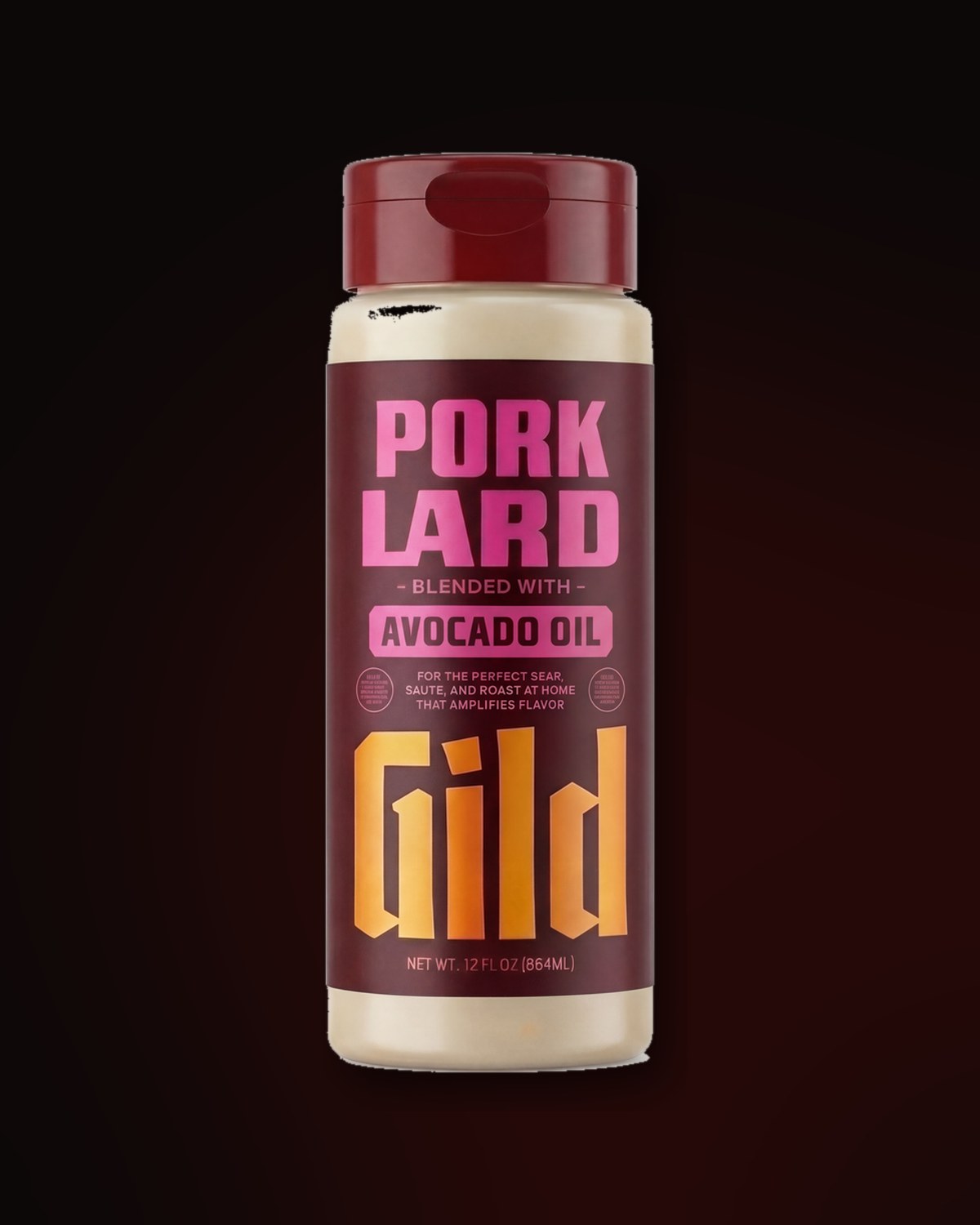 GILD Pork Lard bottle mid-shake, motion marks on either side