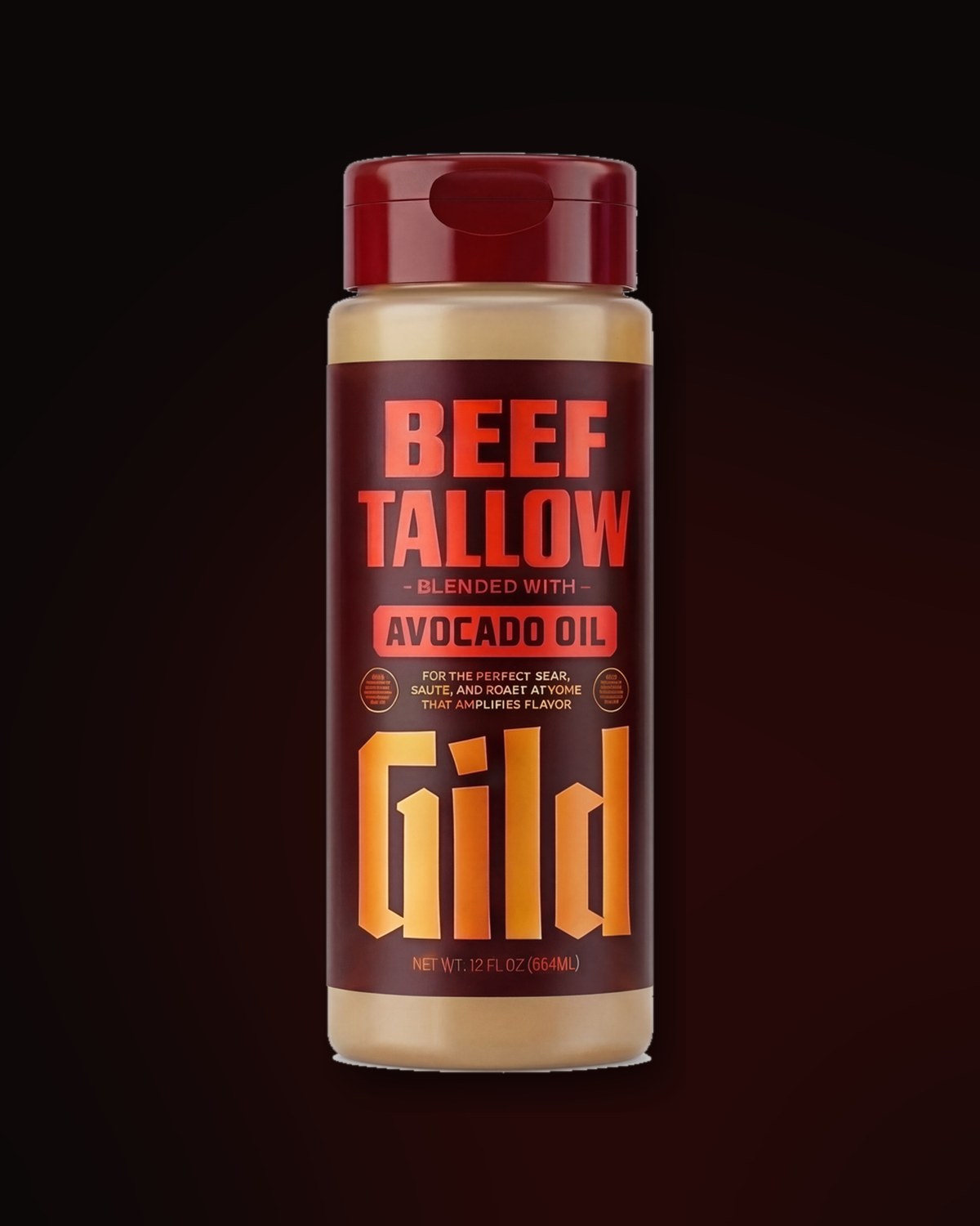 GILD Beef Tallow bottle mid-shake, motion marks on either side