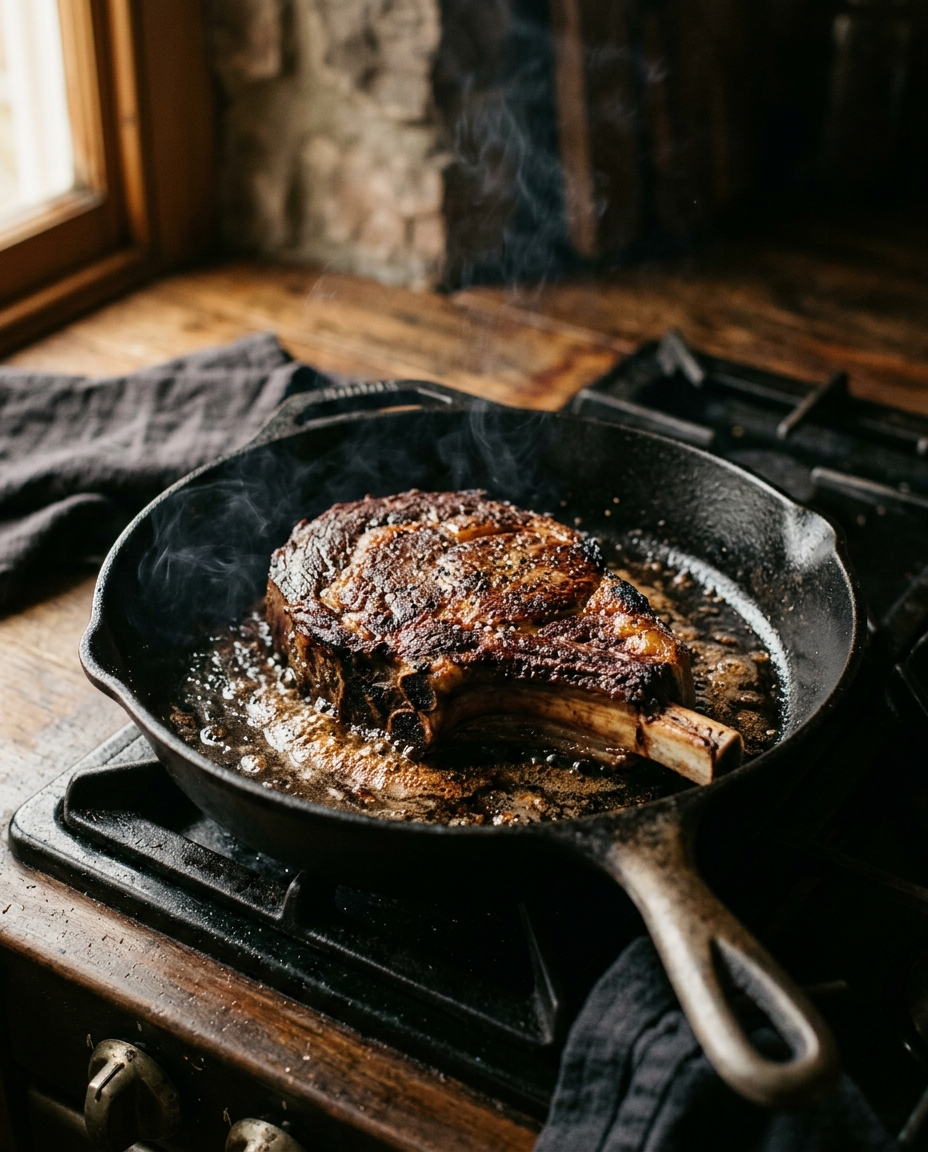 A thick ribeye steak searing to a deep mahogany crust in a cast-iron skillet.