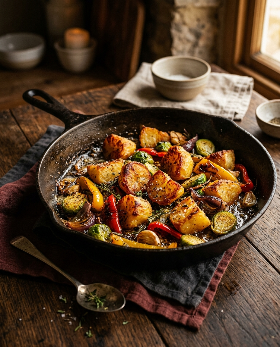 Golden, crispy roast potatoes and blistered vegetables crackling in a hot pan.