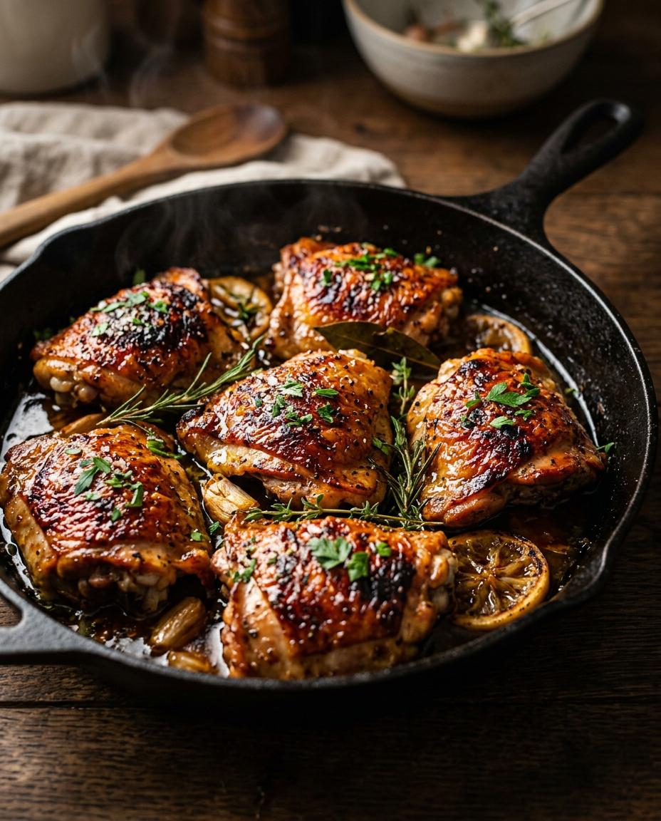Roasted chicken thighs with golden, lacquered, crackling skin, glistening with fat.