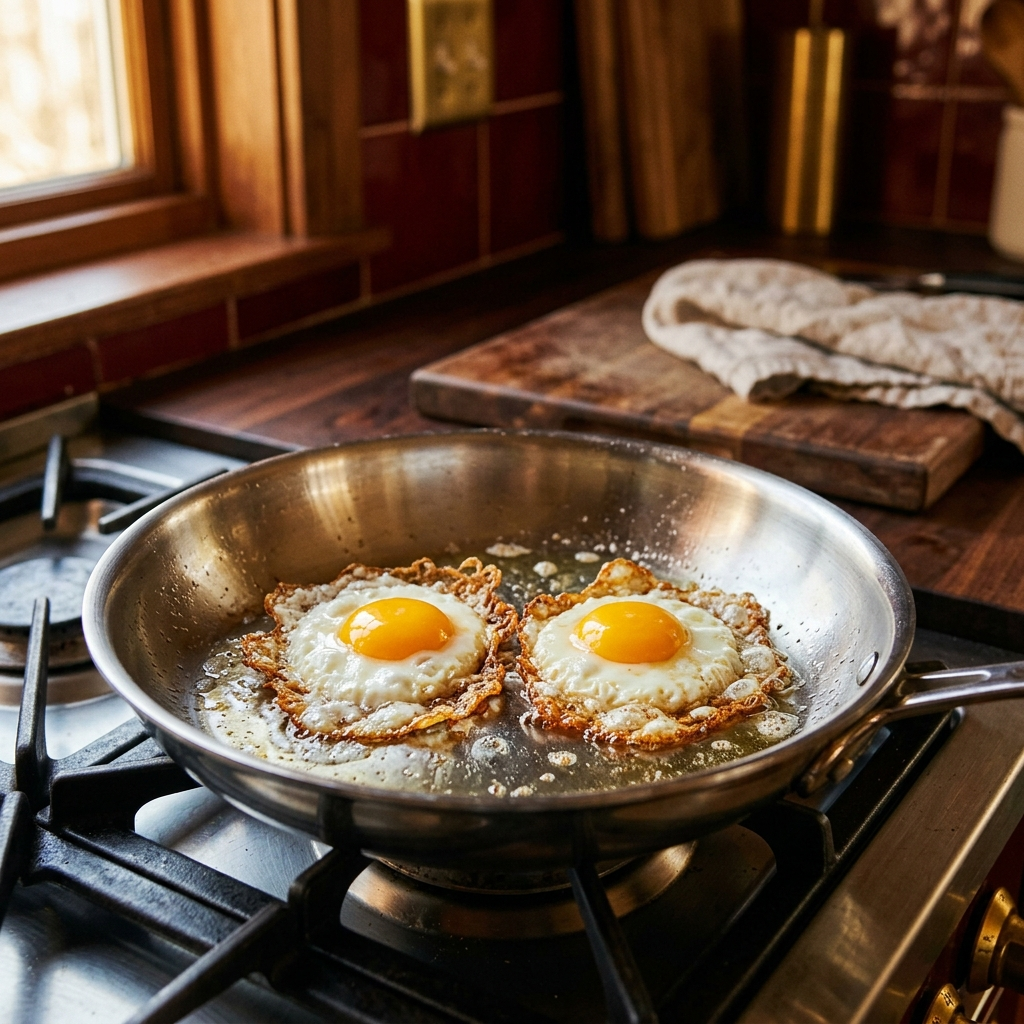 Fried eggs with crispy golden edges in a polished stainless steel skillet.