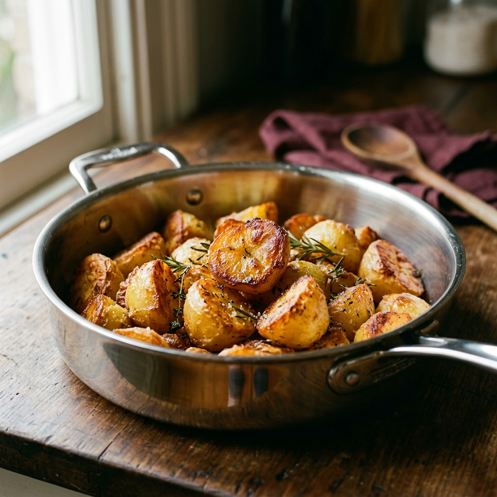 Golden crispy potatoes in a polished stainless steel pan.