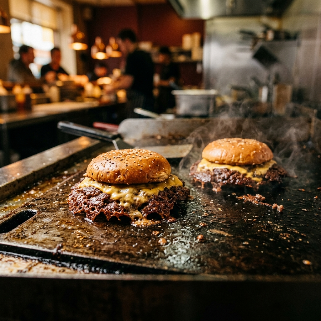 Smashburgers with crispy lacy edges on a flat-top.
