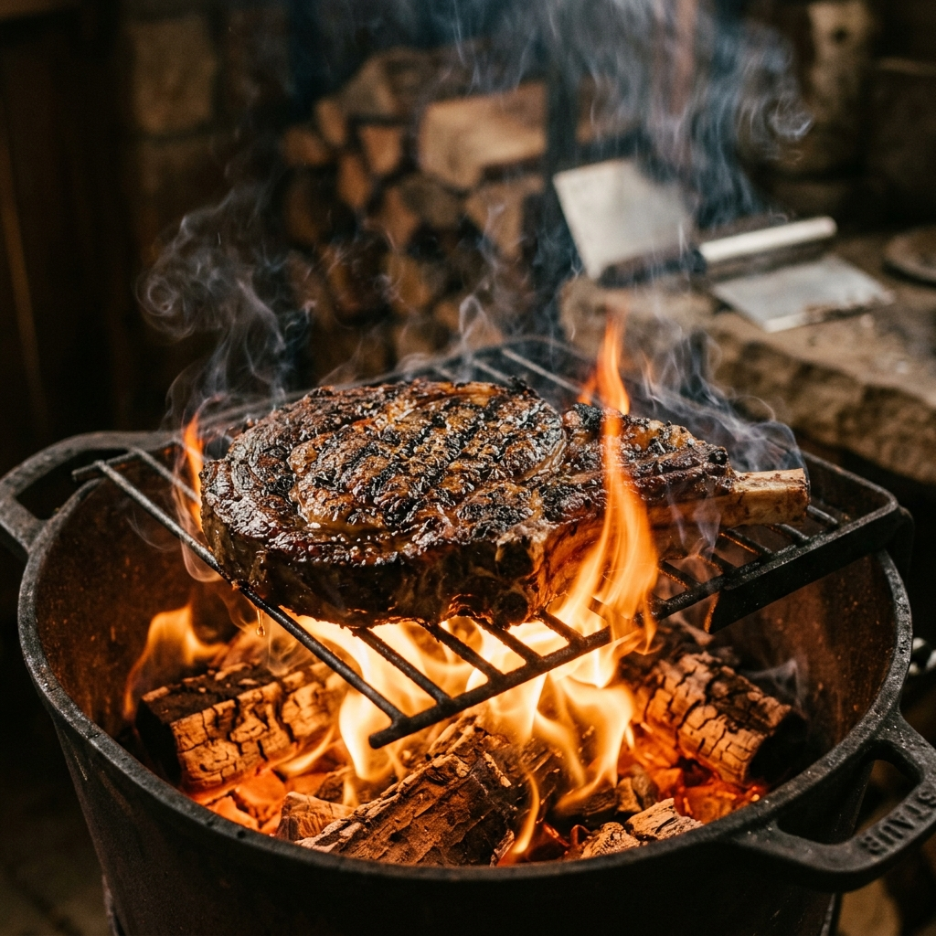A ribeye steak grilling over a live wood fire with flames and embers.