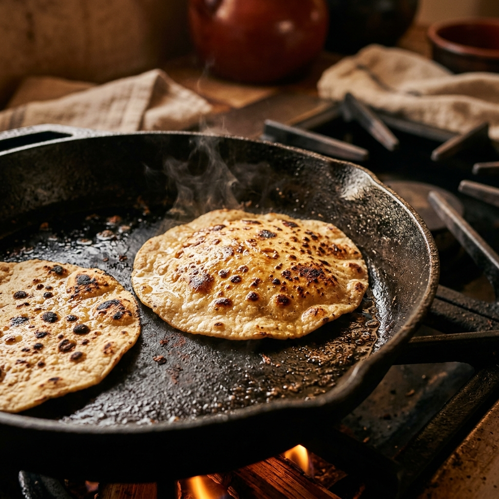 Corn tortillas blistering with golden char in a hot pan.